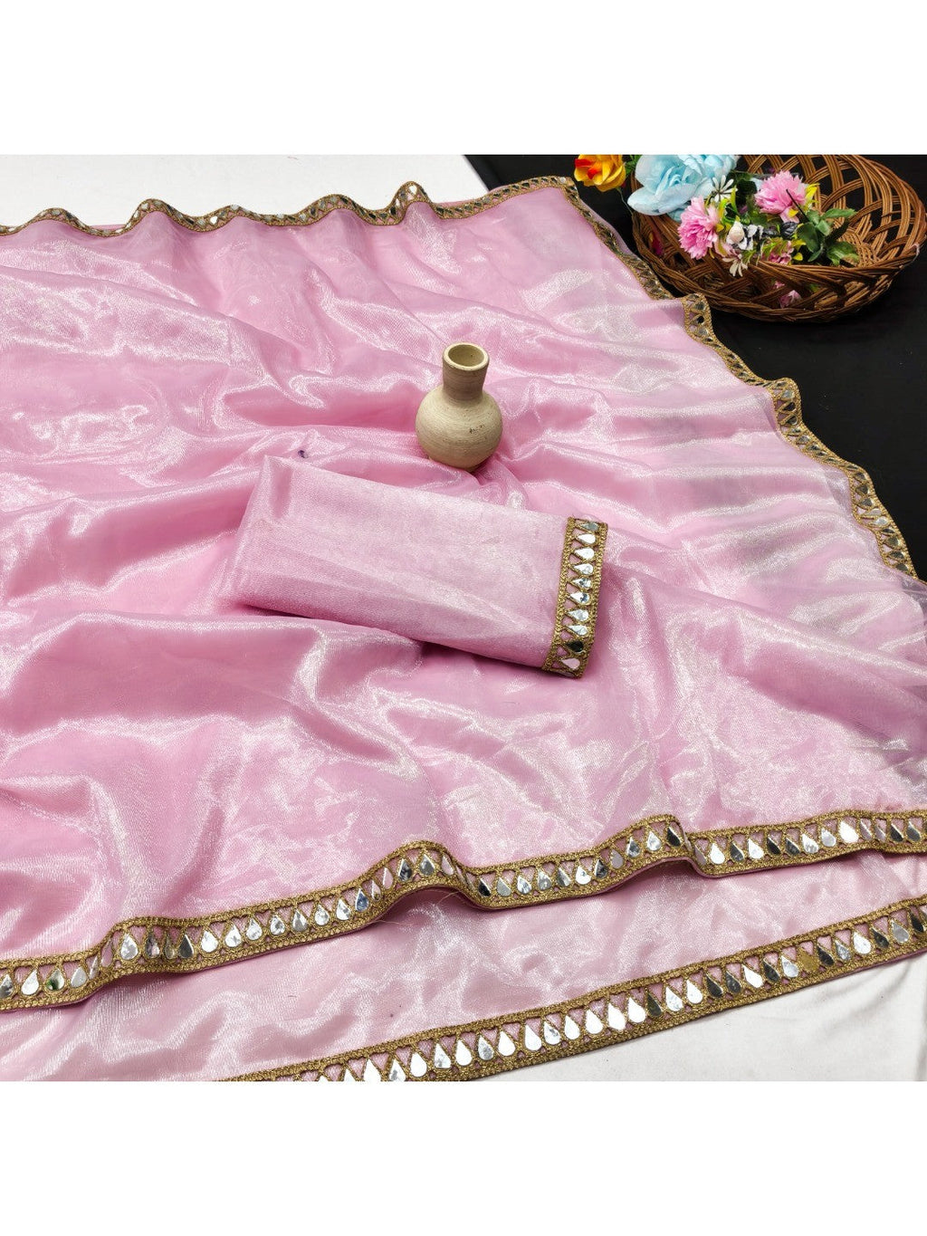 Premium Pink Net Saree with Mirror Work Border Glamorous Festive Outfit