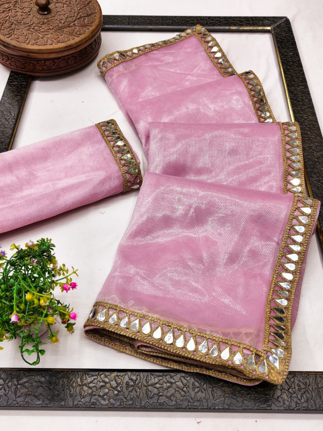 Premium Pink Net Saree with Mirror Work Border Glamorous Festive Outfit