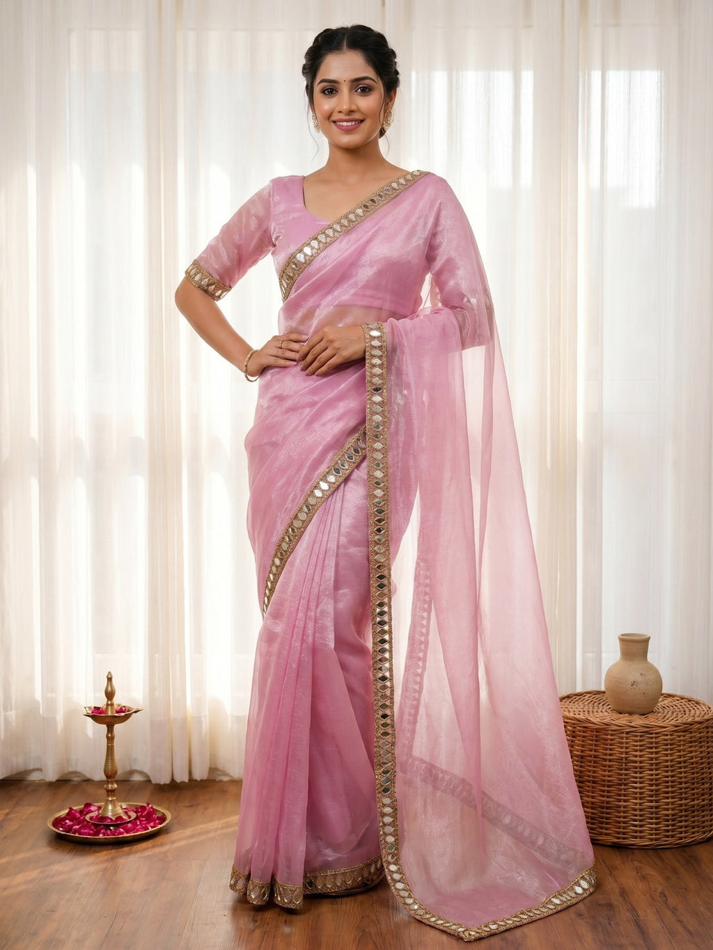Premium Pink Net Saree with Mirror Work Border Glamorous Festive Outfit