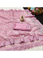 Designer Pink Net Saree with Sequins Work and Lace Border Modern Ethnic Style