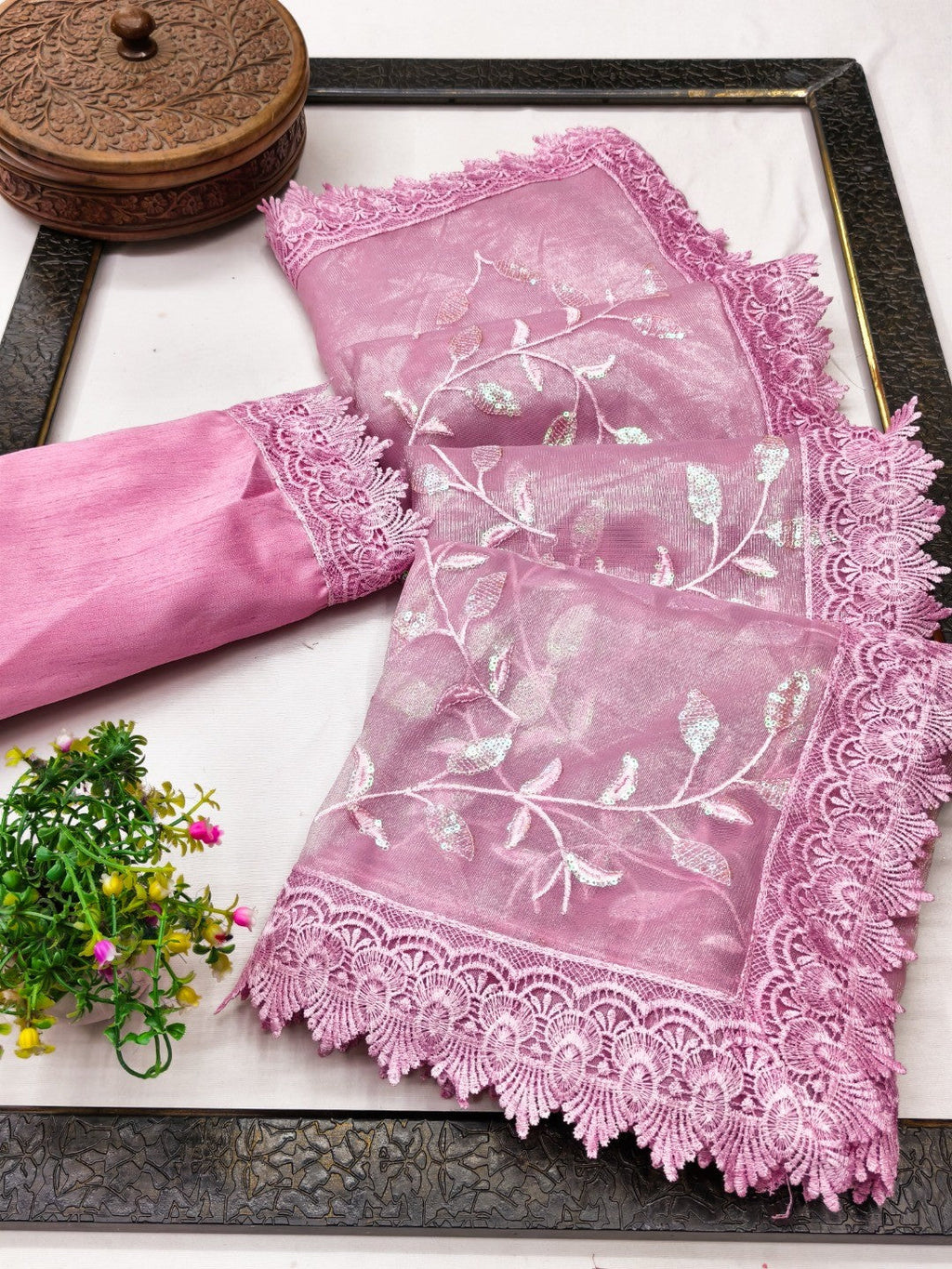 Designer Pink Net Saree with Sequins Work and Lace Border Modern Ethnic Style