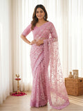 Designer Pink Net Saree with Sequins Work and Lace Border Modern Ethnic Style
