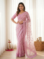 Designer Pink Net Saree with Sequins Work and Lace Border Modern Ethnic Style