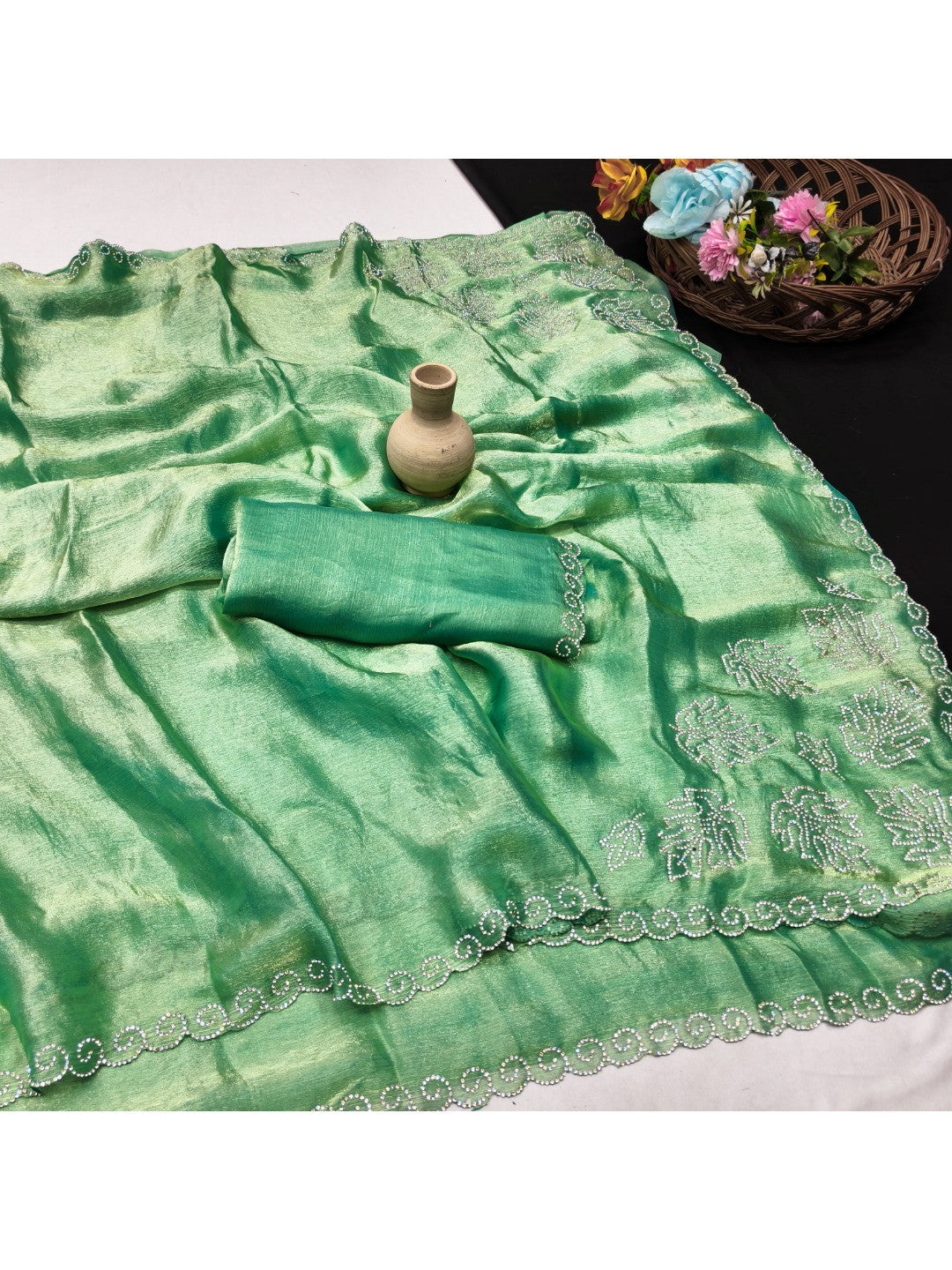 Elegant Green Chiffon Saree with Sequins Work and Scalloped Border