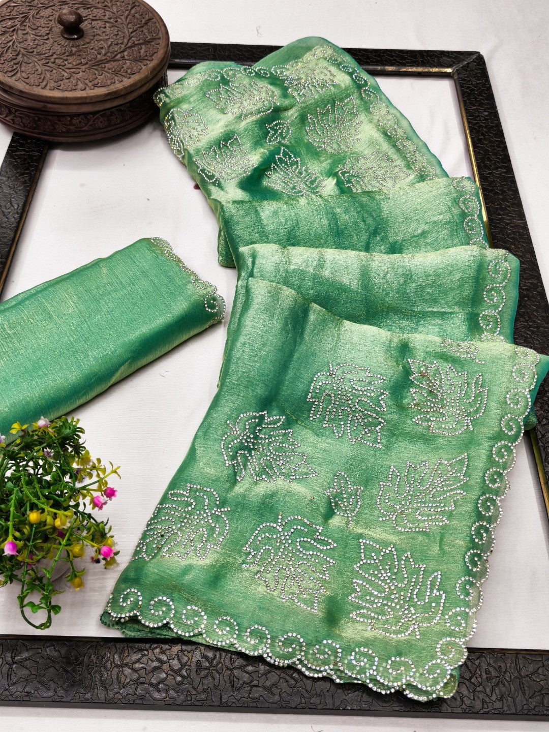 Elegant Green Chiffon Saree with Sequins Work and Scalloped Border