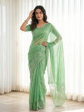 Elegant Green Chiffon Saree with Sequins Work and Scalloped Border