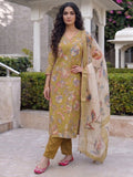 Mustard Floral Printed Viscose Blend Straight Kurta Set with Dupatta