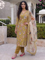 Mustard Floral Printed Viscose Blend Straight Kurta Set with Dupatta