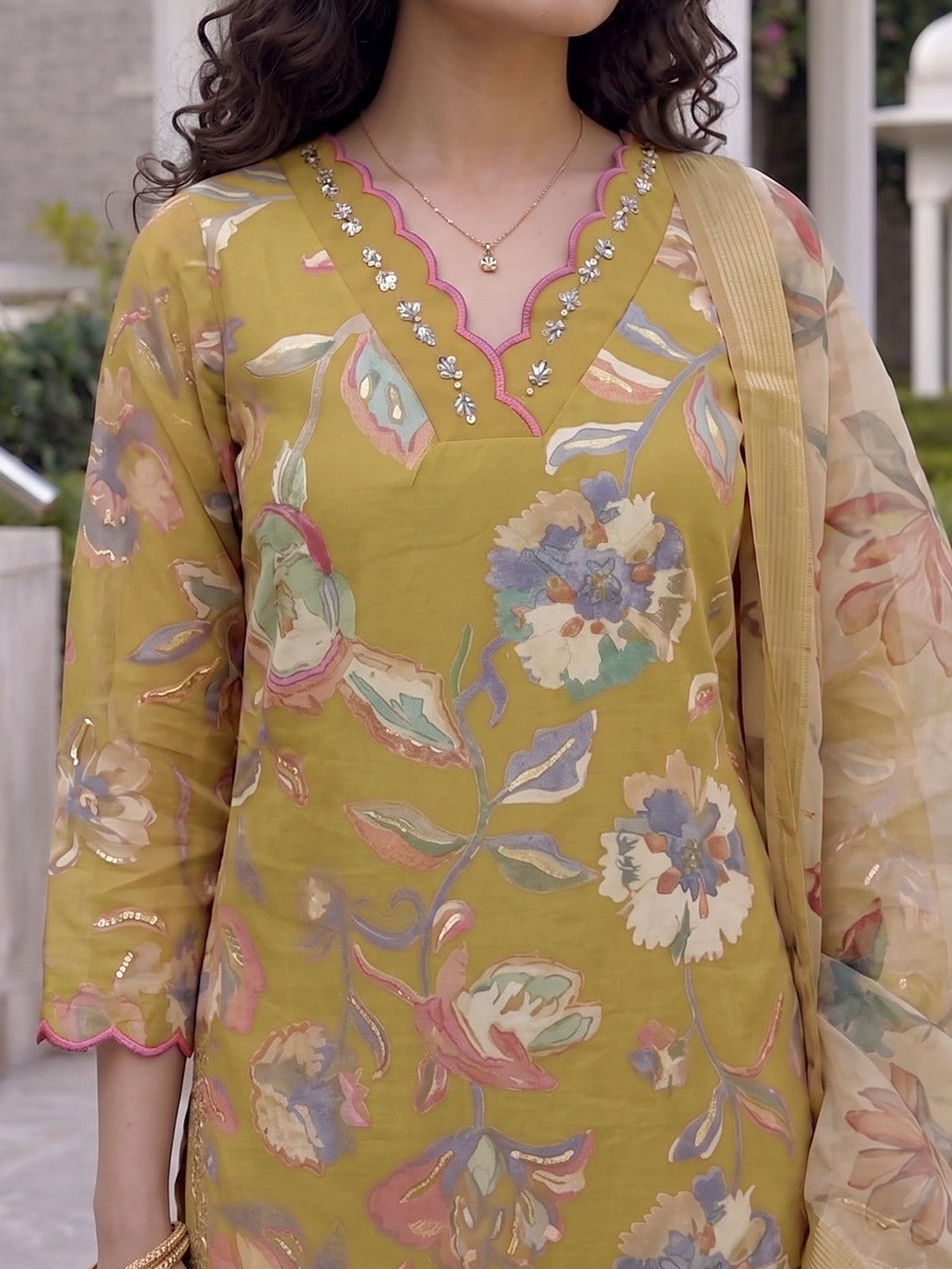 Mustard Floral Printed Viscose Blend Straight Kurta Set with Dupatta