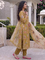 Mustard Floral Printed Viscose Blend Straight Kurta Set with Dupatta