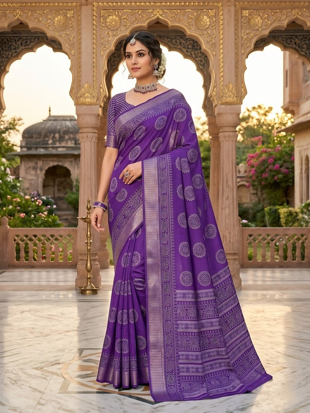 Elegant Purple Dola Silk Saree with Traditional Jaipuri Print