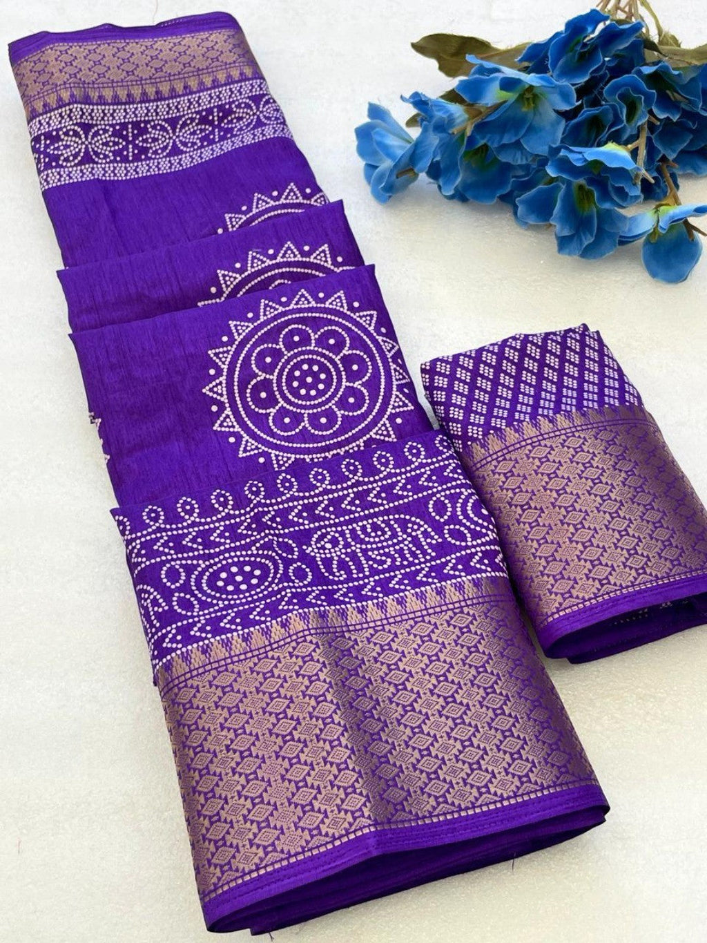 Elegant Purple Dola Silk Saree with Traditional Jaipuri Print