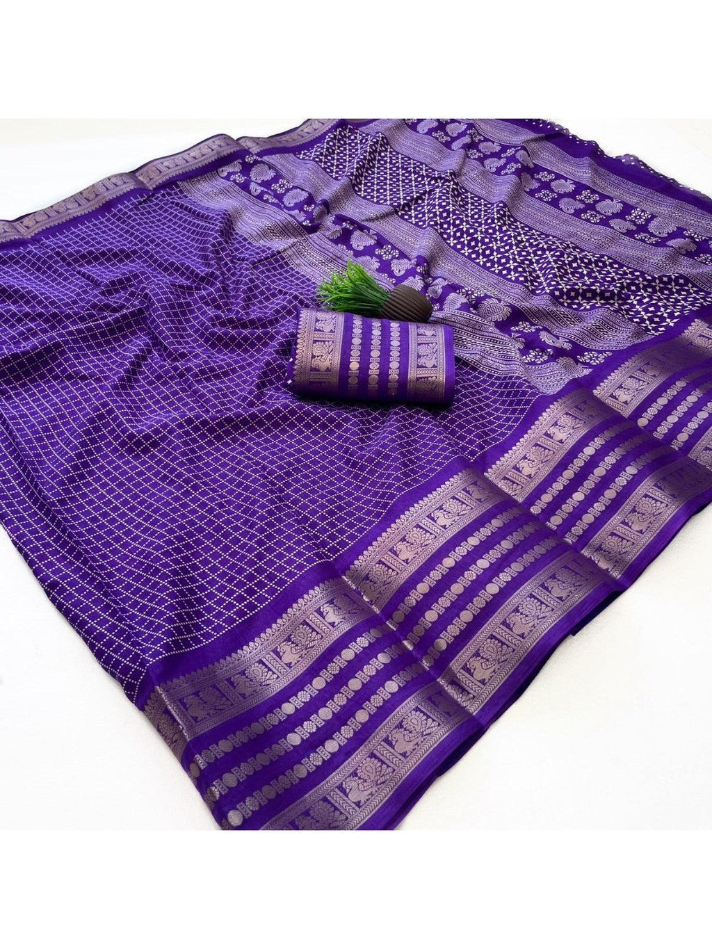 Elegant Checked Purple Dola Silk Saree with Zari Border