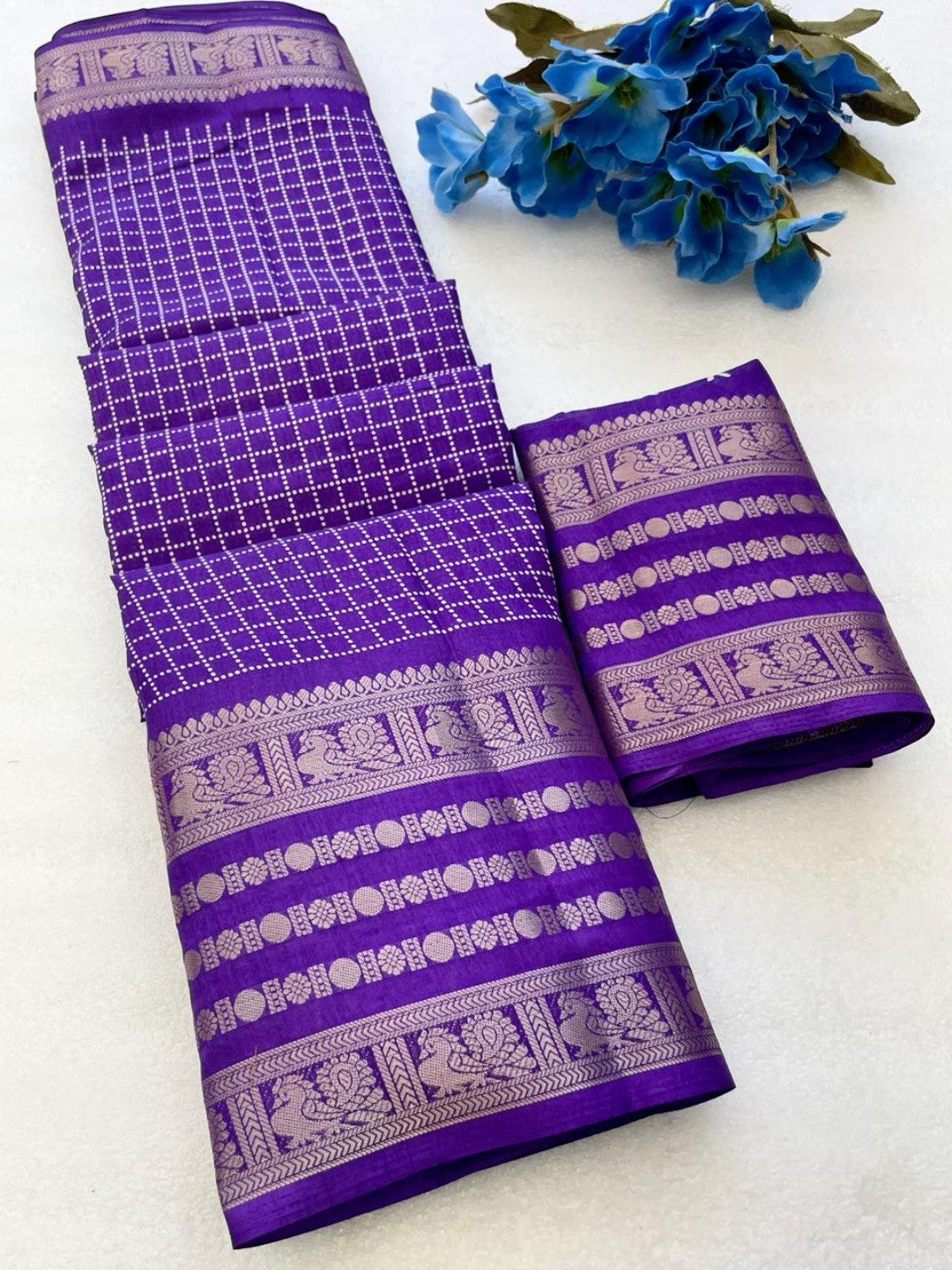 Elegant Checked Purple Dola Silk Saree with Zari Border