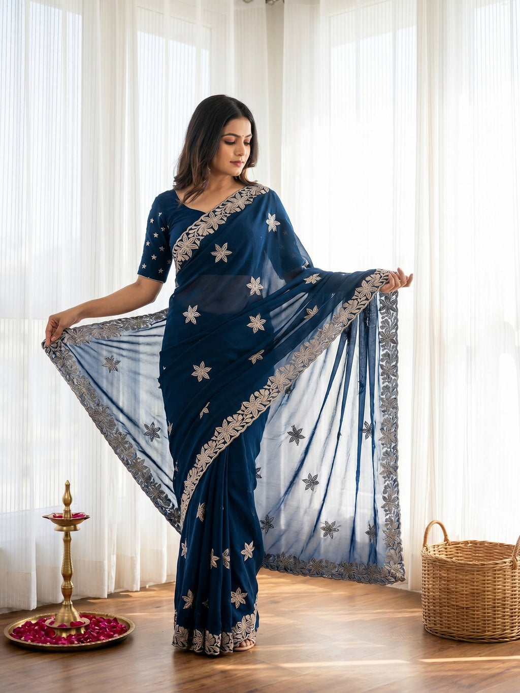 Designer Teal Georgette Saree with Star Embroidery Chic Party Outfit