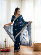 Designer Teal Georgette Saree with Star Embroidery Chic Party Outfit