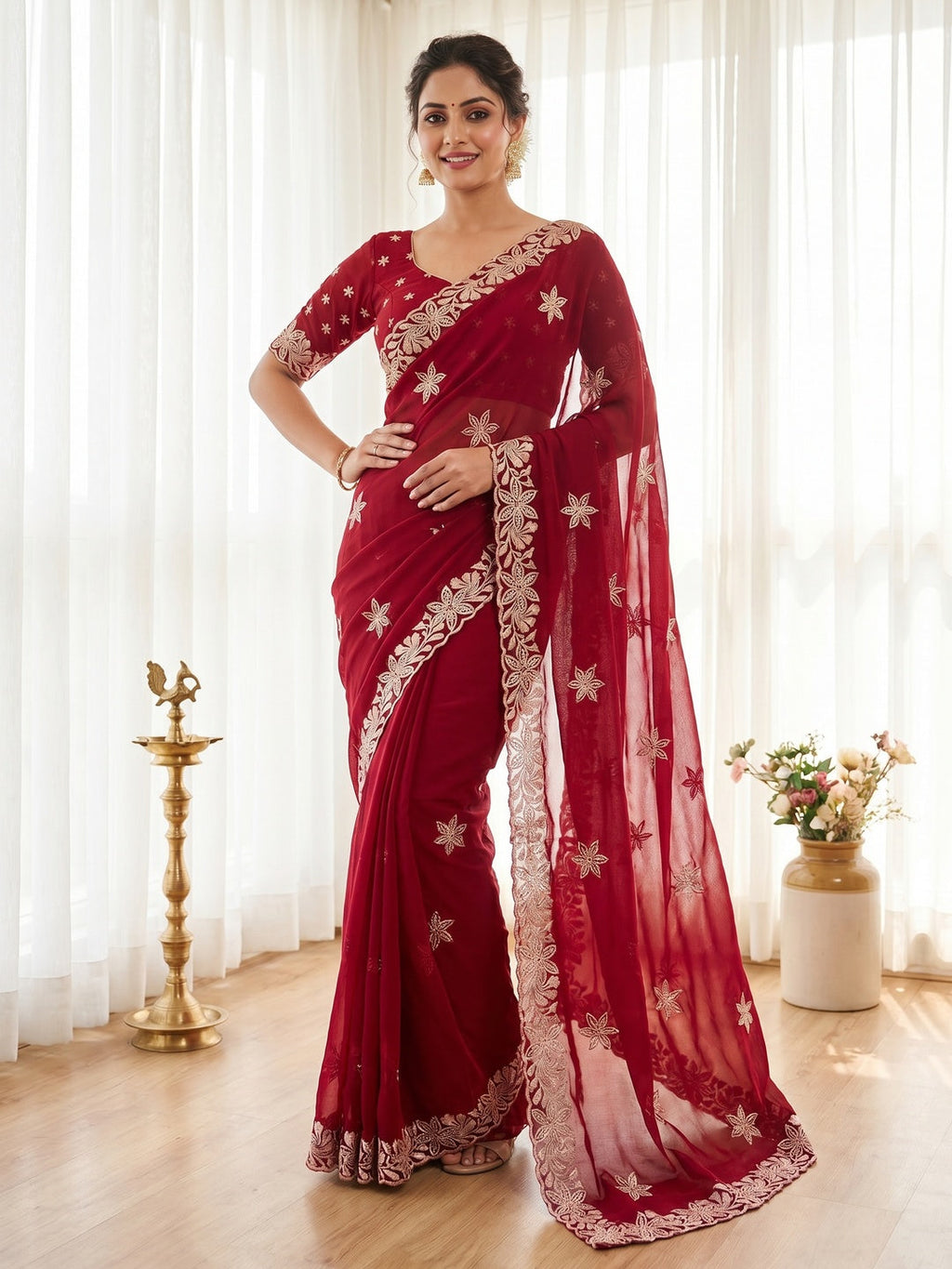 Elegant Red Georgette Saree with Delicate Star Thread Work Embroidery