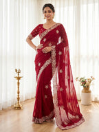 Elegant Red Georgette Saree with Delicate Star Thread Work Embroidery