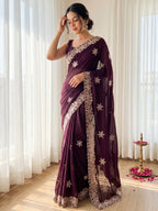 Designer Wine Georgette Saree with Star Embroidery Chic Party Outfit