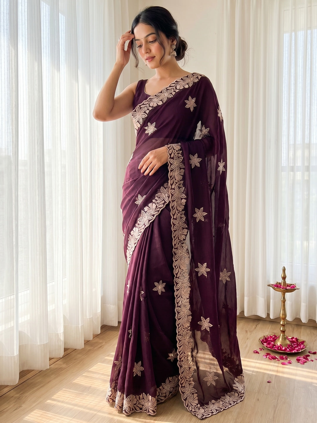 Designer Wine Georgette Saree with Star Embroidery Chic Party Outfit
