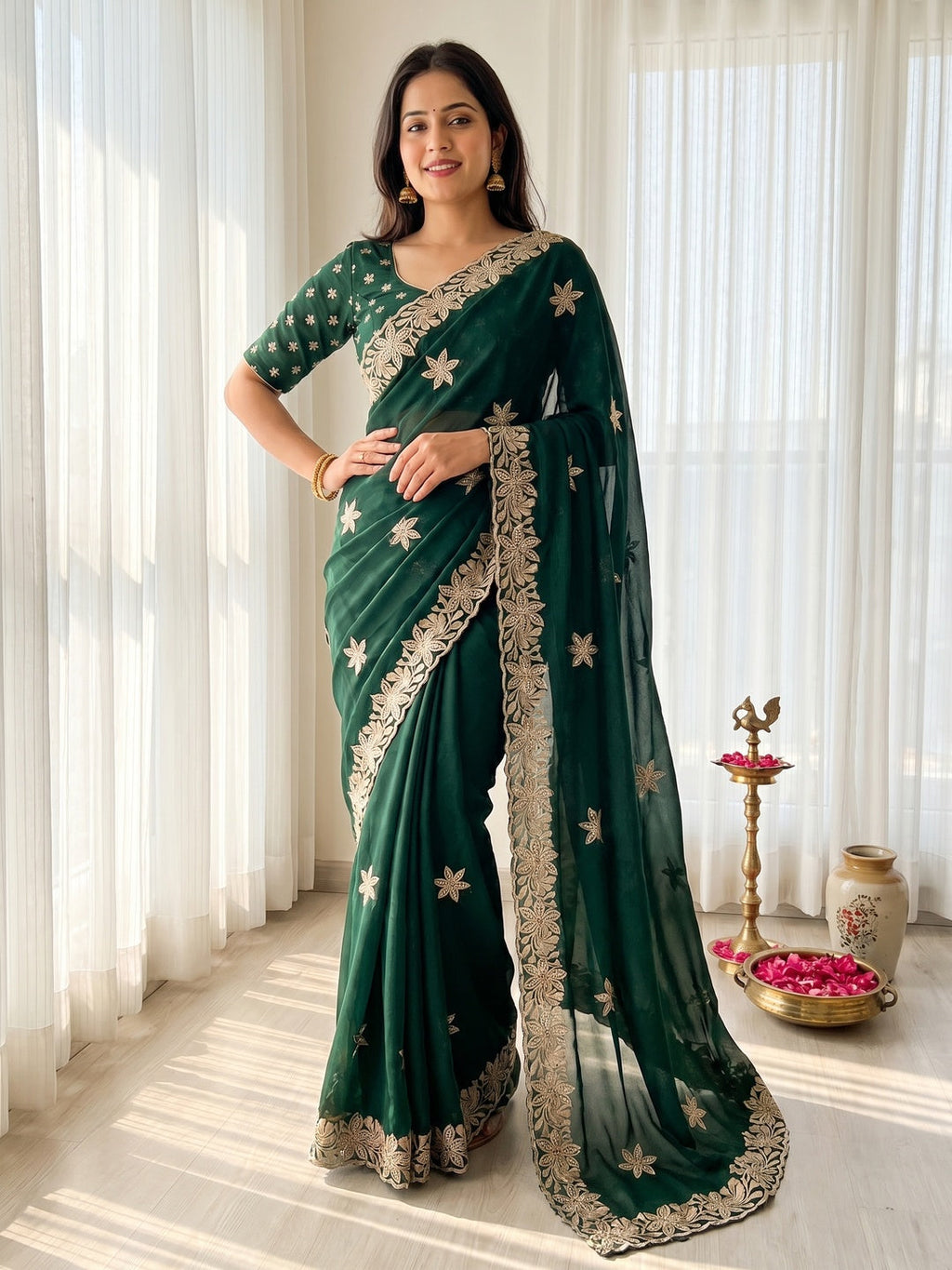 Elegant Green Georgette Saree with Floral Thread Work Embroidery
