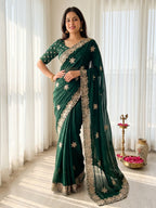 Elegant Green Georgette Saree with Floral Thread Work Embroidery