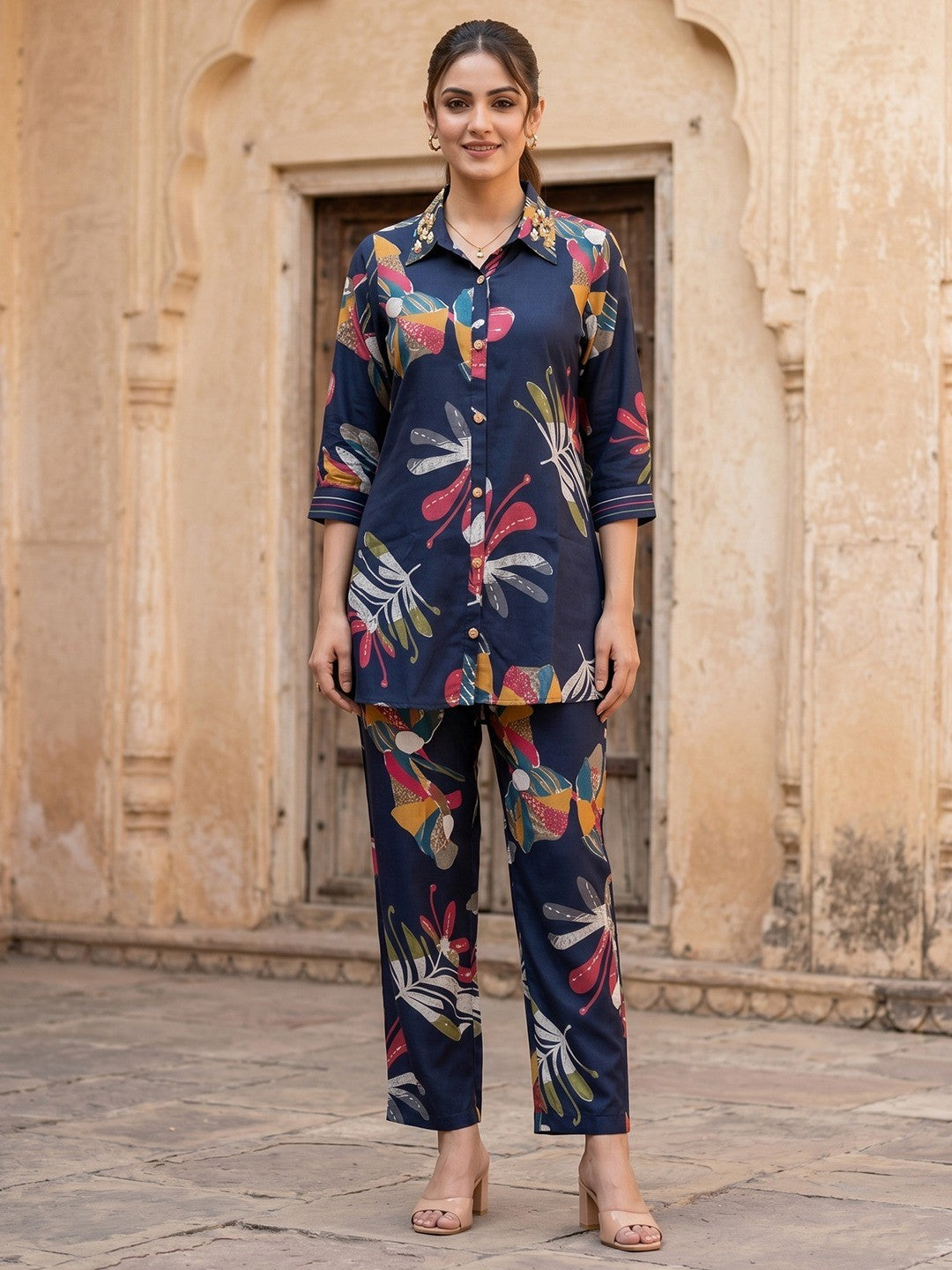 Floral Printed Navy Blue Rayon Top Bottom Set Minimal Ethnic Style