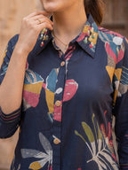 Floral Printed Navy Blue Rayon Top Bottom Set Minimal Ethnic Style