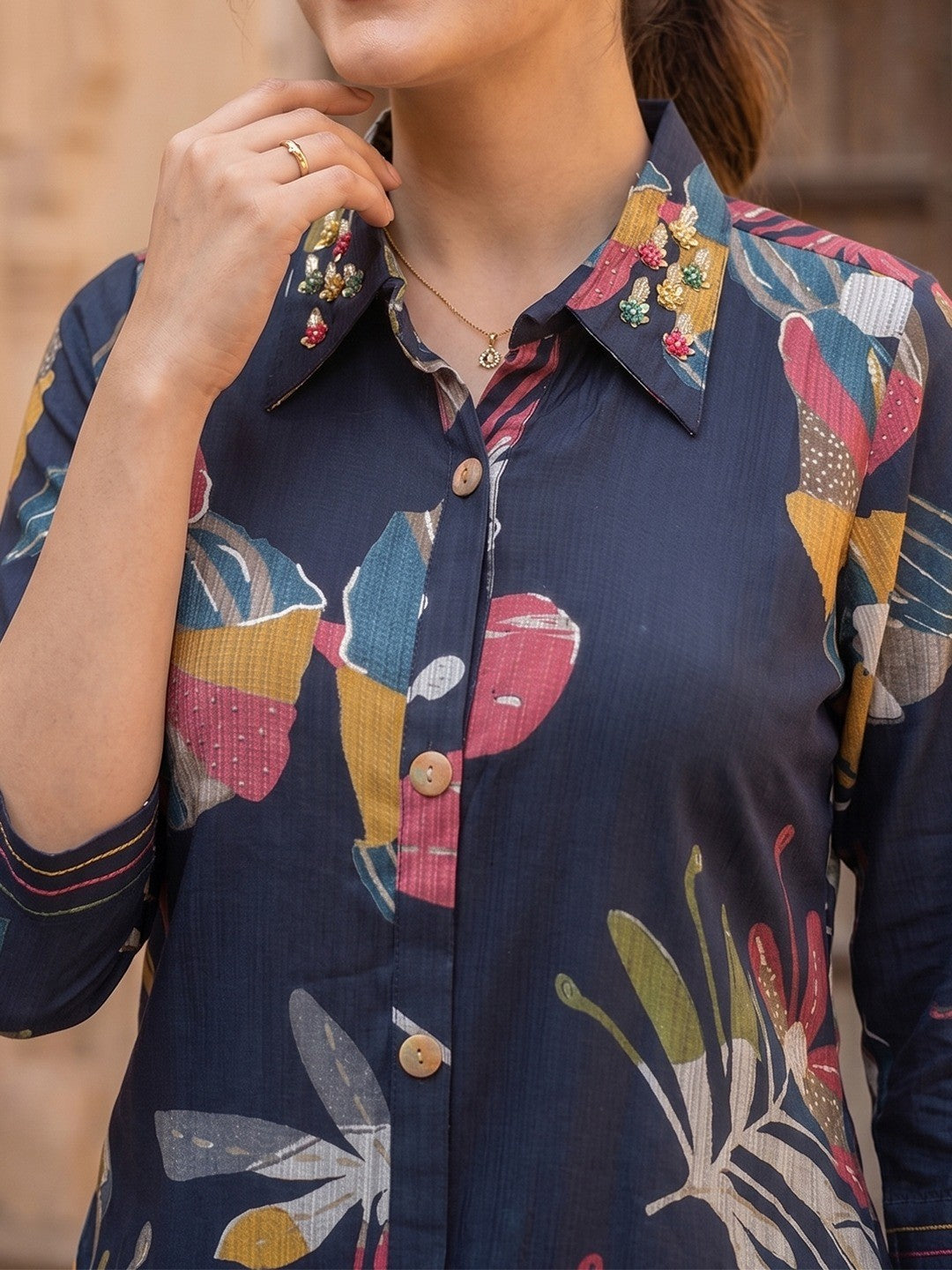 Floral Printed Navy Blue Rayon Top Bottom Set Minimal Ethnic Style