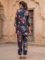 Floral Printed Navy Blue Rayon Top Bottom Set Minimal Ethnic Style