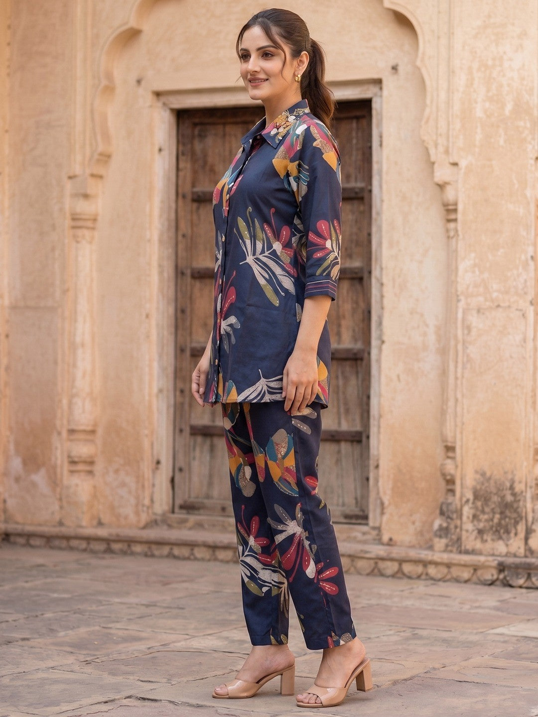 Floral Printed Navy Blue Rayon Top Bottom Set Minimal Ethnic Style