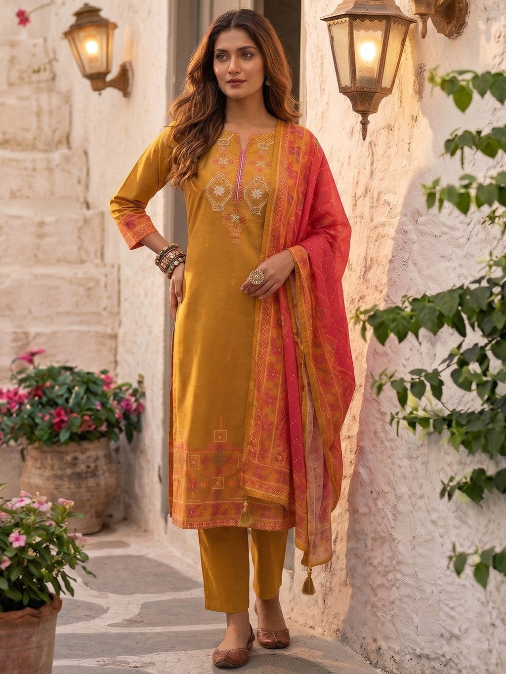 Mustard Pure Cotton Straight Cut Salwar Suit with Printed Dupatta Elegant Look