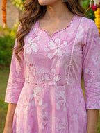 Blush Pink Floral A Line Cotton Salwar Suit with Dupatta Lightweight Graceful Style