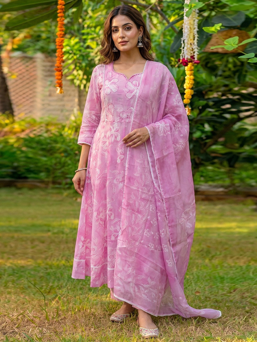 Blush Pink Floral A Line Cotton Salwar Suit with Dupatta Lightweight Graceful Style