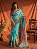 Aqua Blue Linen Saree with Printed Border and Pallu