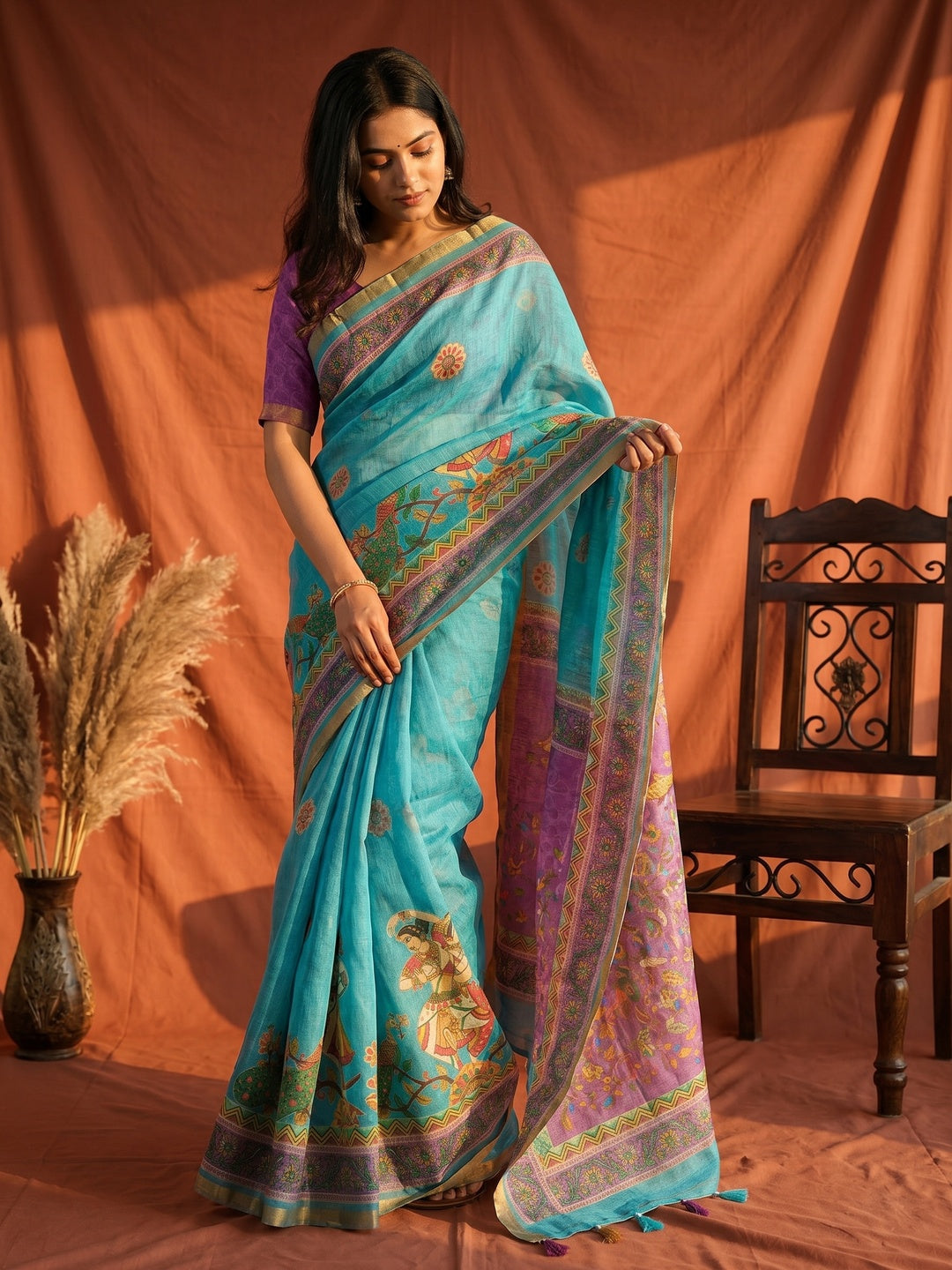Aqua Blue Linen Saree with Printed Border and Pallu