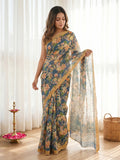 Elegant Blue Floral Printed Linen Saree with Border Detail