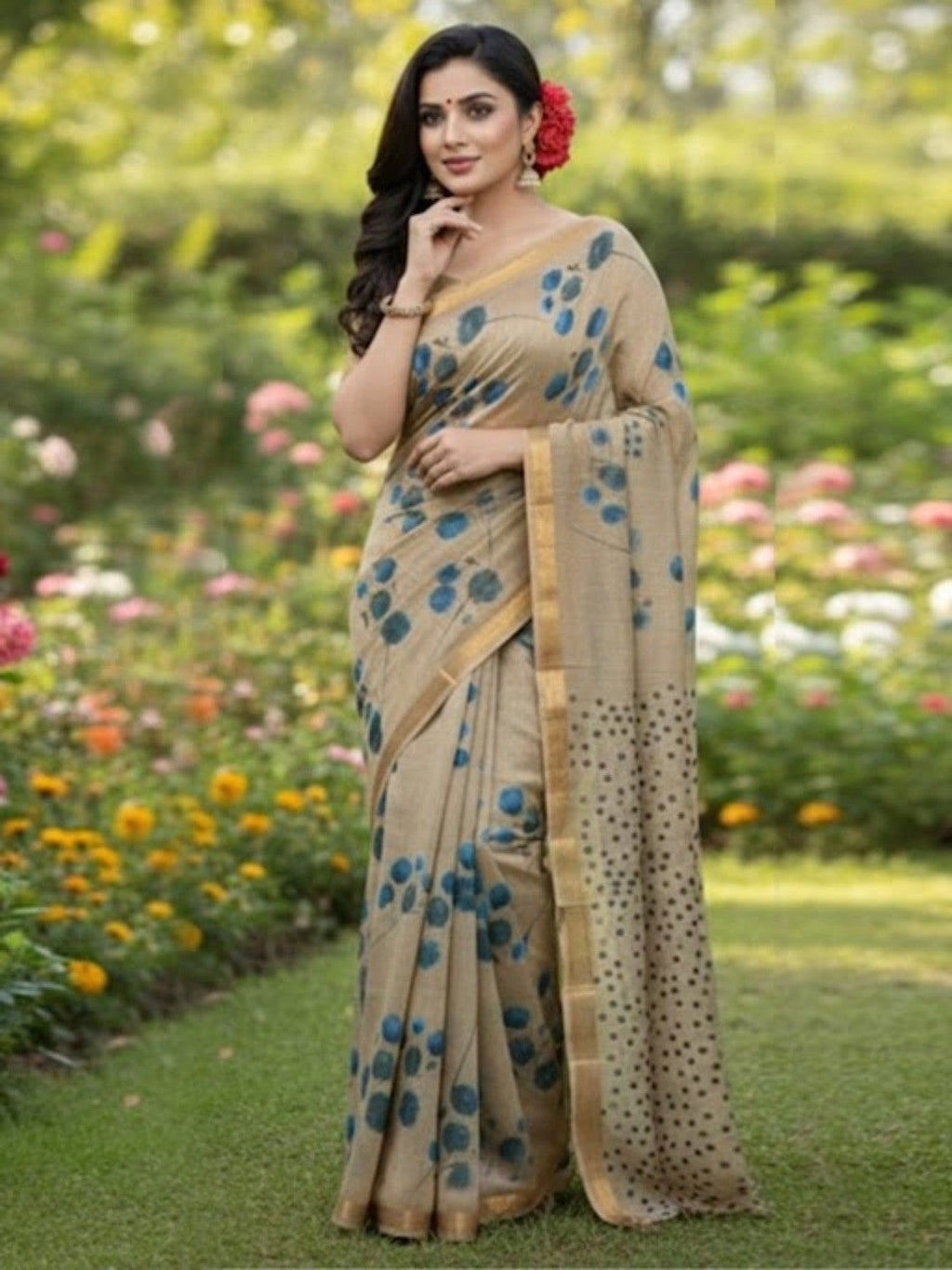 Elegant Beige Linen Saree with Blue Floral Print and Golden Border