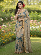 Elegant Beige Linen Saree with Blue Floral Print and Golden Border