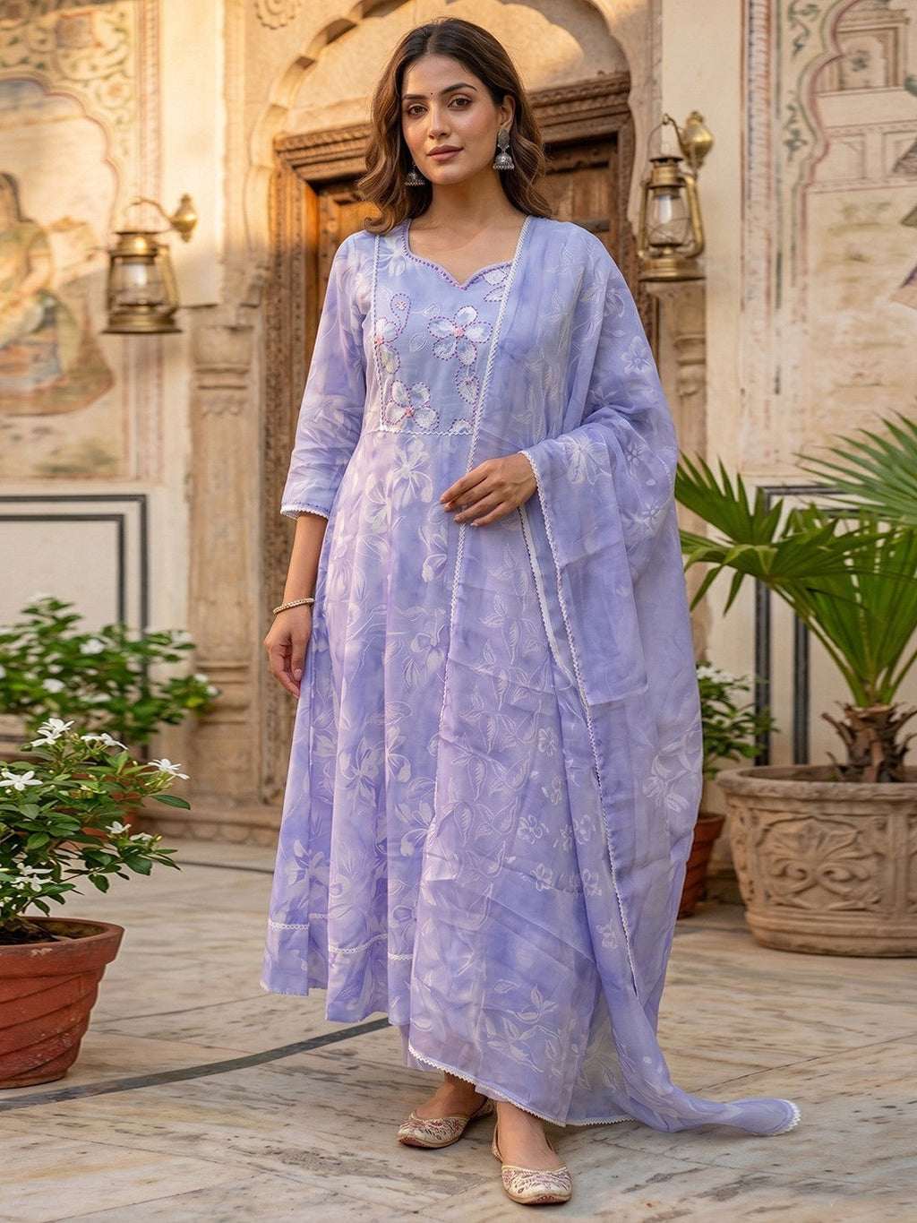 Lavender Floral A Line Cotton Salwar Suit with Dupatta Lightweight Graceful Style