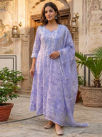 Lavender Floral A Line Cotton Salwar Suit with Dupatta Lightweight Graceful Style