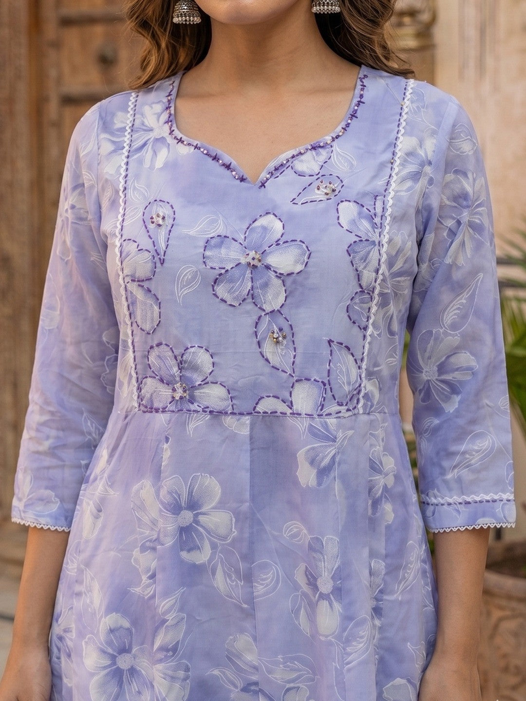 Lavender Floral A Line Cotton Salwar Suit with Dupatta Lightweight Graceful Style