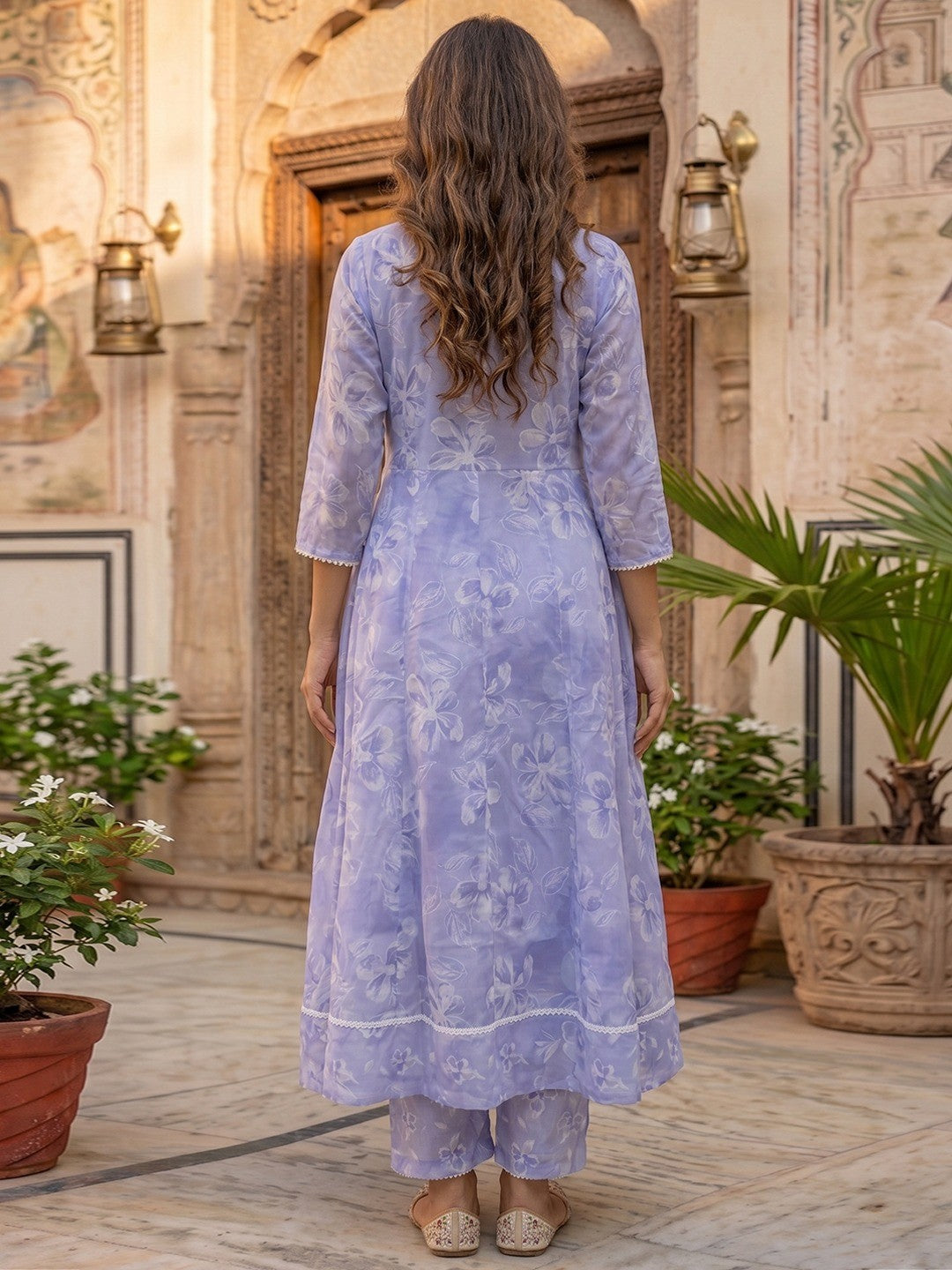 Lavender Floral A Line Cotton Salwar Suit with Dupatta Lightweight Graceful Style
