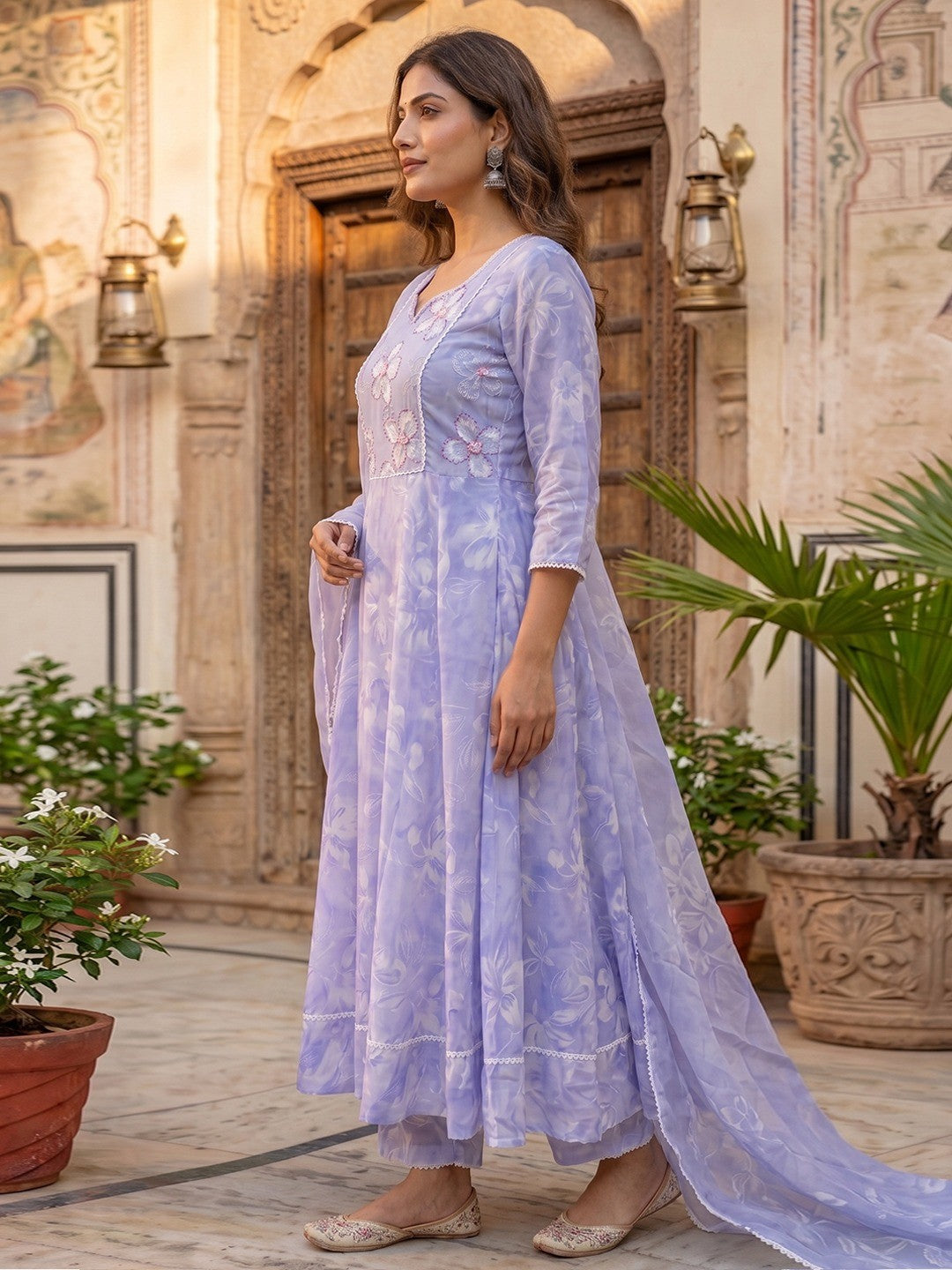 Lavender Floral A Line Cotton Salwar Suit with Dupatta Lightweight Graceful Style