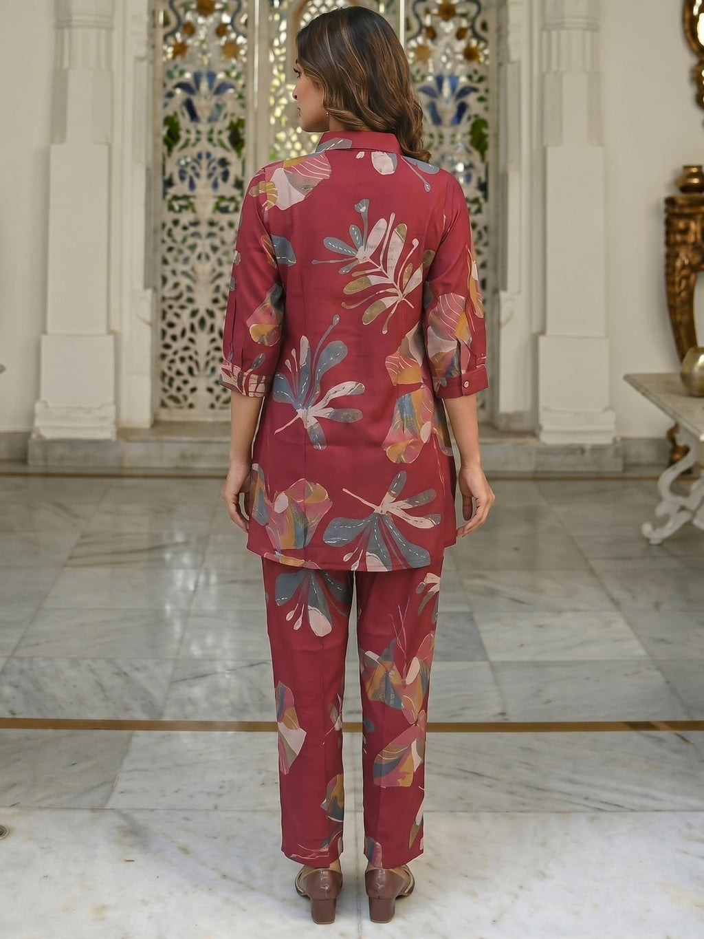 Floral Printed Red Rayon Top Bottom Set Minimal Ethnic Style