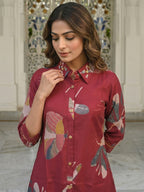 Floral Printed Red Rayon Top Bottom Set Minimal Ethnic Style