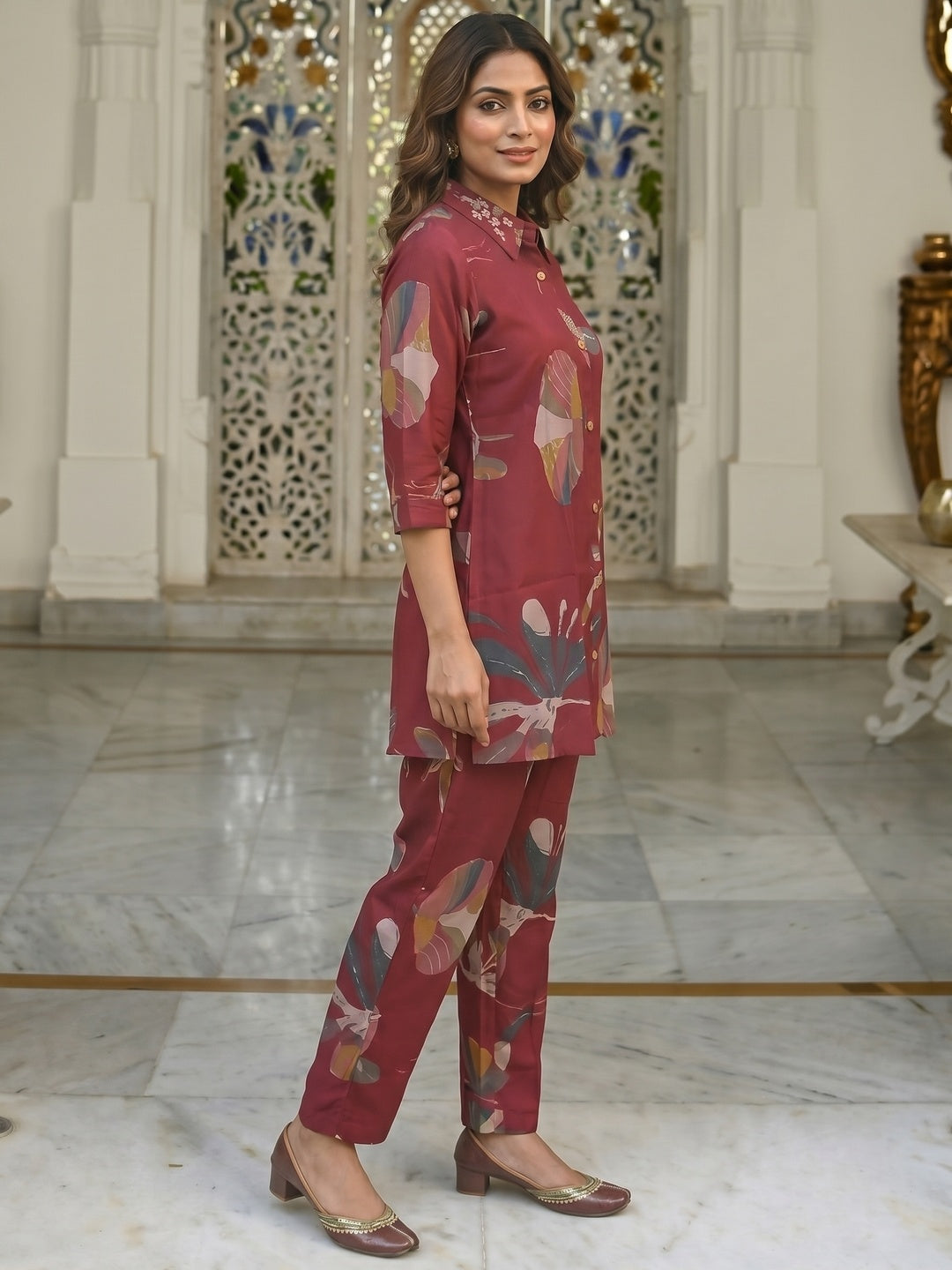 Floral Printed Red Rayon Top Bottom Set Minimal Ethnic Style