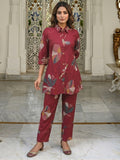 Floral Printed Red Rayon Top Bottom Set Minimal Ethnic Style