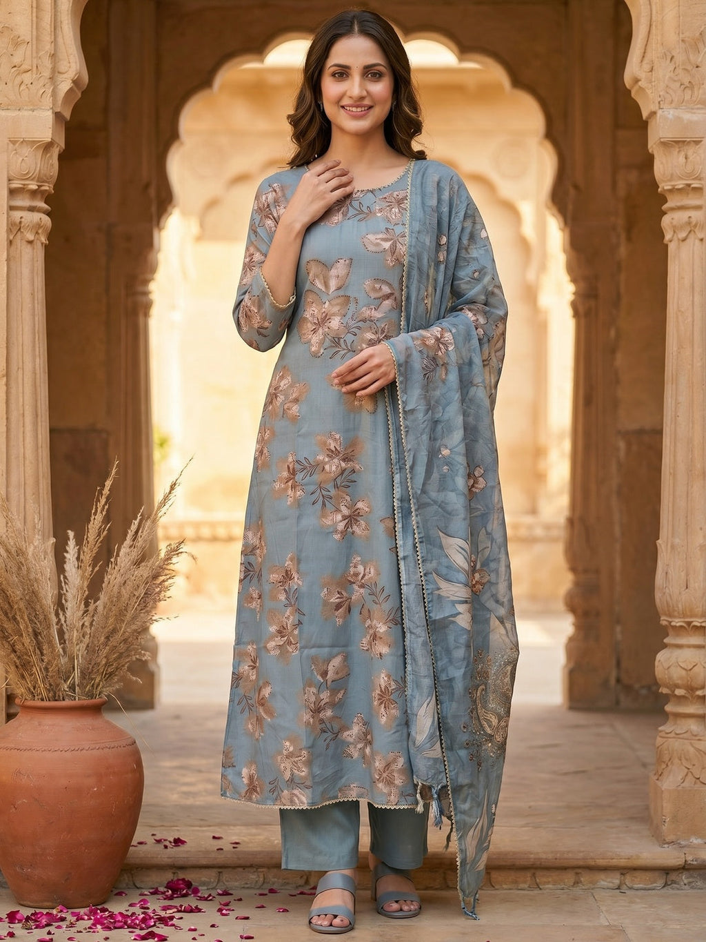 Dusty Blue Floral Printed Viscose Salwar Suit with Dupatta Festive Ethnic Wear