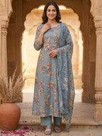 Dusty Blue Floral Printed Viscose Salwar Suit with Dupatta Festive Ethnic Wear